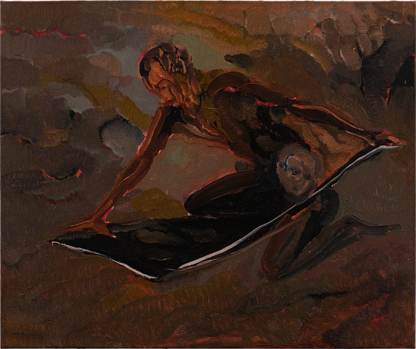 Gestural scene in deep reds and browns of two reclining figures, rendered in dotted strokes.