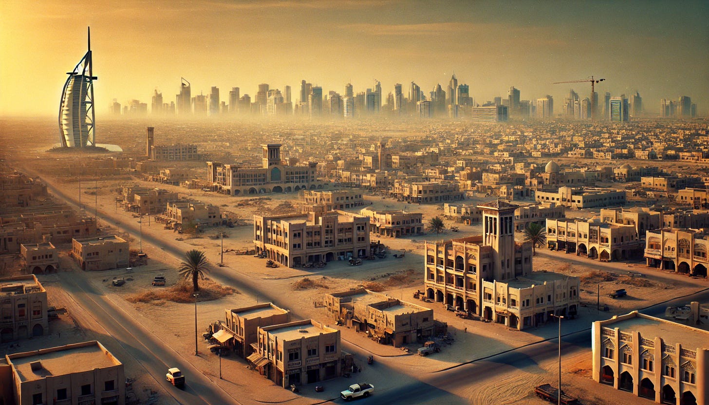 A panoramic view of Dubai in the 1980s, featuring a modest skyline with a few mid-rise buildings and traditional architecture. The city is surrounded by vast desert landscapes stretching into the horizon. The atmosphere is nostalgic, with a warm, golden sunset casting a soft glow over the scene. A few cars from the era can be seen on the roads, and construction cranes hint at the city's future transformation.
