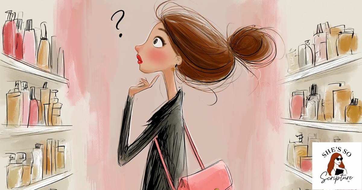 A whimsical ink and watercolor illustration of a woman standing in an aisle of shelved products, hand on her chin in a thoughtful pause with a question mark above her head, blush pink and cream watercolor tones.