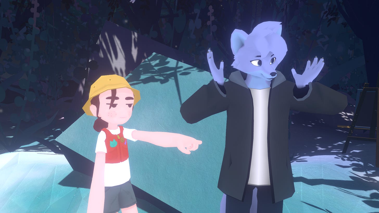 On the left stands a young woman avatar with a yellow hat. She is pointing to the right. On the right stands a blue furry avatar, gesturing to express surprise. On the left stands a young woman avatar with a yellow hat. She is pointing to the right. On the right stands a blue furry avatar, gesturing to express surprise.