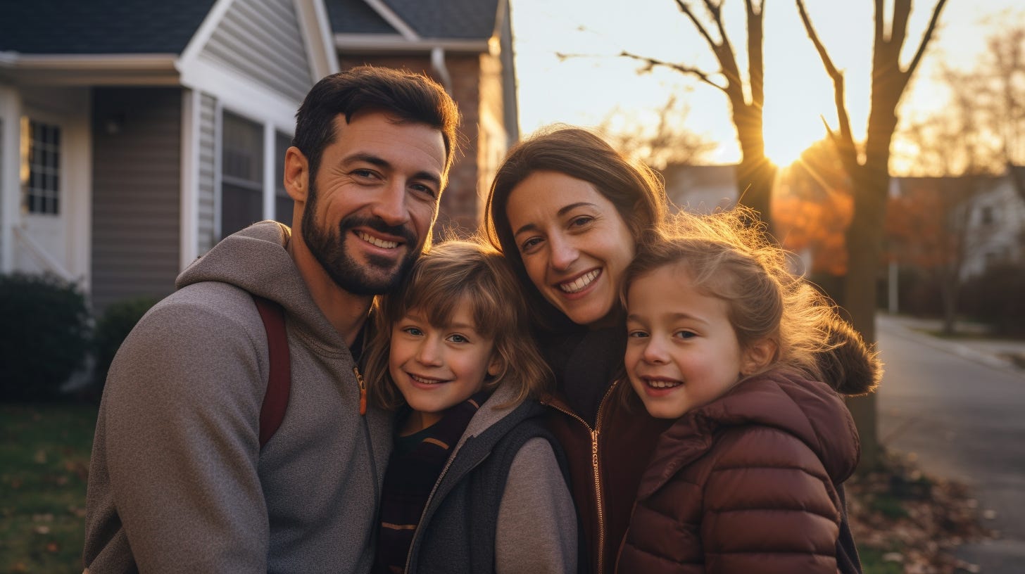 A happy caucasian family outside their affordable housing home in Boston at sunrise