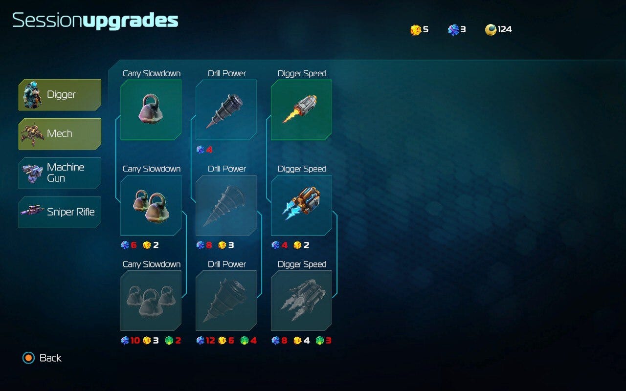 A screenshot of the session upgrades menu from Ocean Keeper