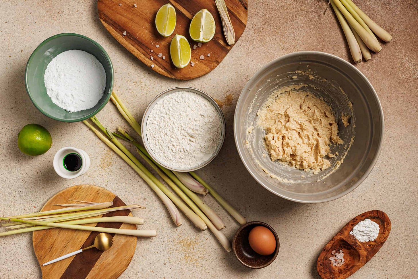 Lemongrass minced being blended into sugar for a lemongrass cookie. 