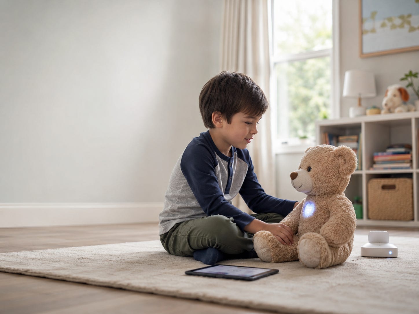 A young child sits on a playroom rug facing an AI-enabled teddy bear with a glowing light on its chest, with a tablet and charging dock nearby.