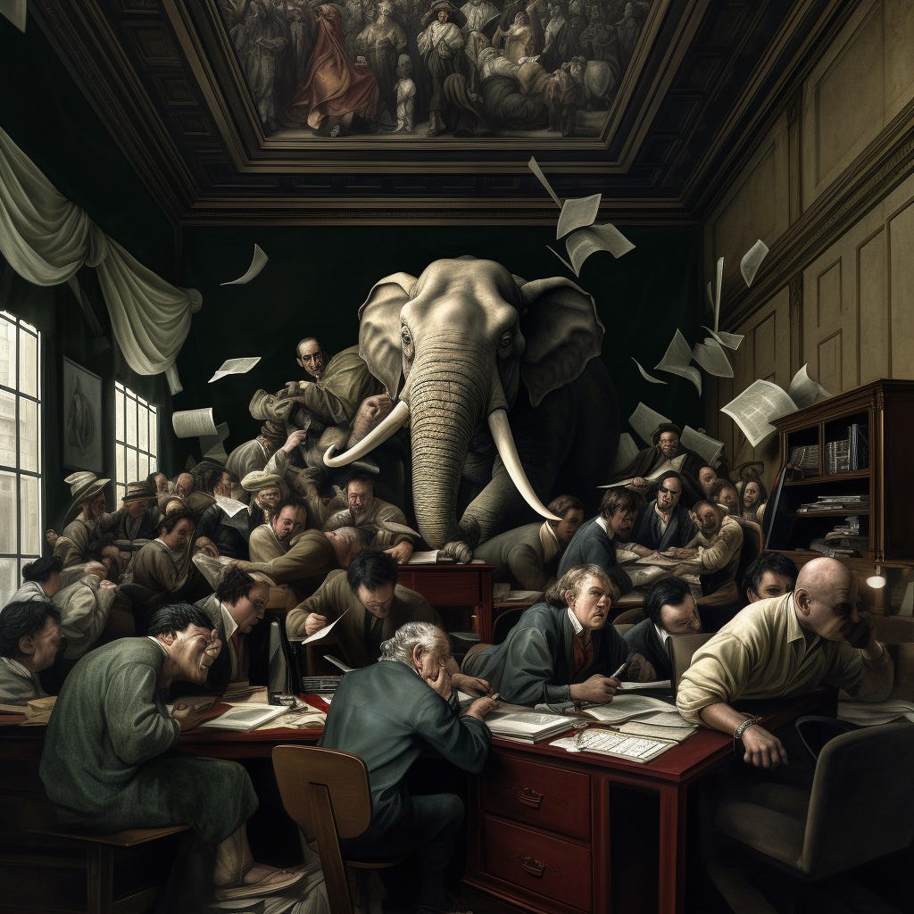 caravaggio painting. an elephant in a room. elephant is closer to the camera. the room is full of writers at desks with computers. the writers are seated. some of them have been trampled on. two of them have been flung into the air, their heads inside the ceiling while their bodies dangle. hyper realistic photography. National Geographic meets The Office. epic composition Unreal Engine, color grading, ultra wide angle, depth of field, hyper detailed, color grading, Tilt Blur, White Balance, 32k, Super Resolution, Megapixels, ProPhoto RGB, Cinematic Lighting, Studio Lighting, volumetric, Optics, incredibly detailed and intricate, hyper maximalist, elegant, hyper realistic, super detailed caravaggio painting. an elephant in a room. elephant is closer to the camera. the room is full of writers at desks with computers. the writers are seated. some of them have been trampled on. two of them have been flung into the air, their heads inside the ceiling while their bodies dangle. hyper realistic photography. National Geographic meets The Office. epic composition Unreal Engine, color grading, ultra wide angle, depth of field, hyper detailed, color grading, Tilt Blur, White Balance, 32k, Super Resolution, Megapixels, ProPhoto RGB, Cinematic Lighting, Studio Lighting, volumetric, Optics, incredibly detailed and intricate, hyper maximalist, elegant, hyper realistic, super detailed