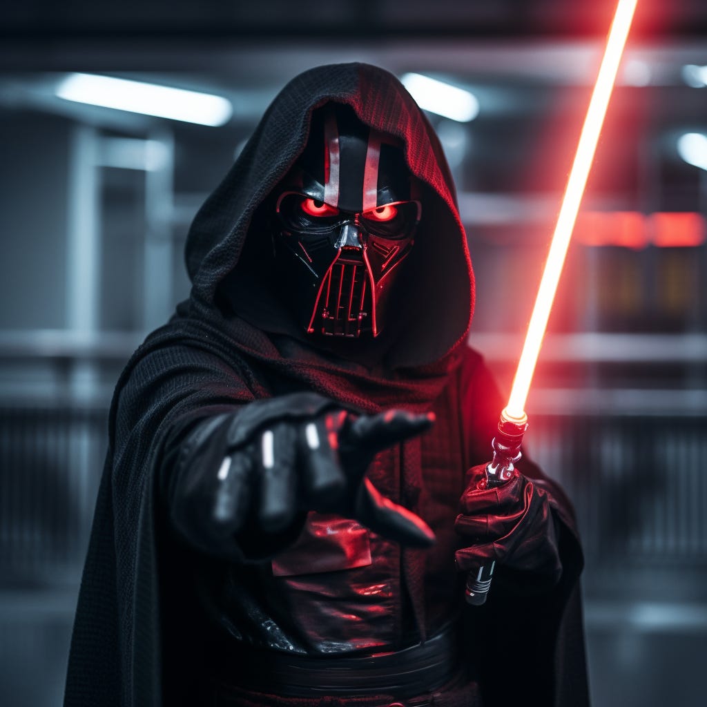 Sith Lord coming after you with a red light saber.