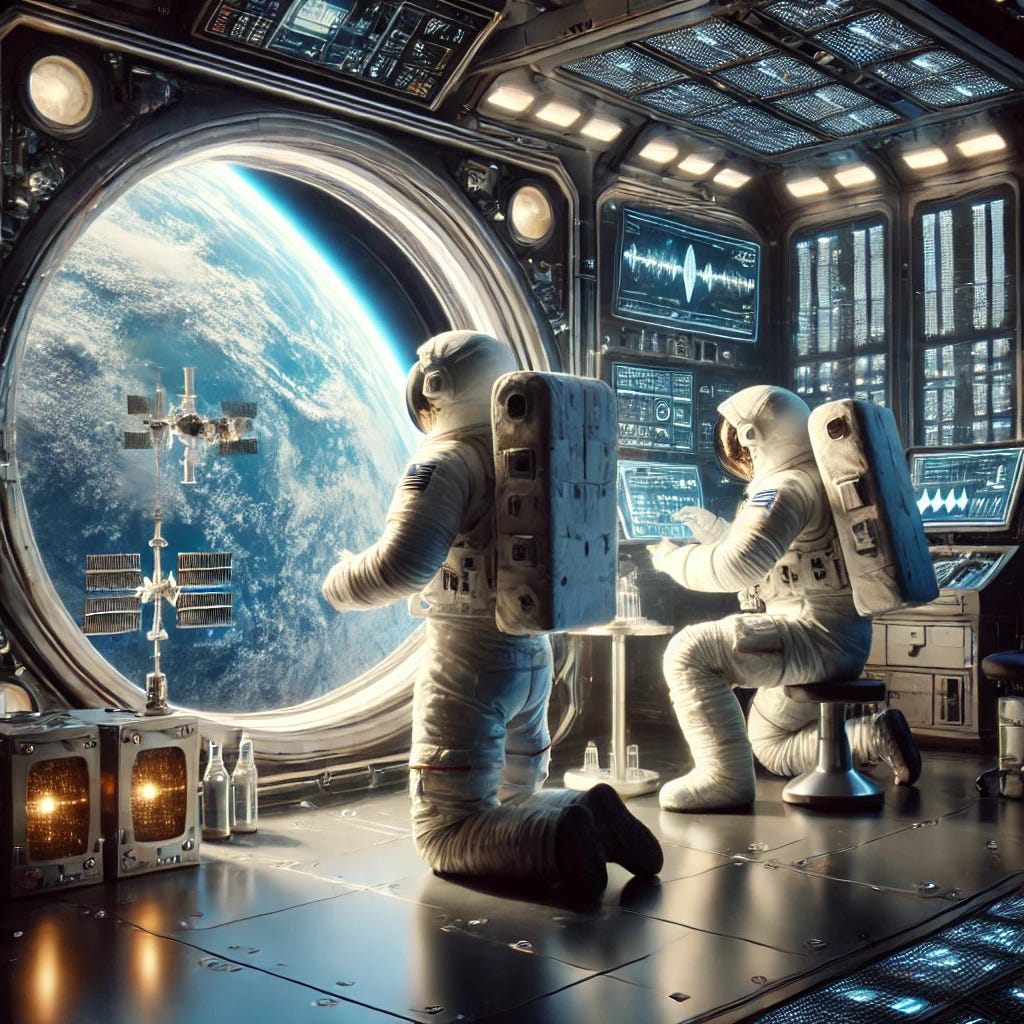 A realistic and detailed digital illustration of two astronauts in space suits inside the International Space Station. One astronaut is conducting a health assessment with medical instruments, while the other is observing Earth through a window. The scene is illuminated by the glow of the station’s control panels, with a futuristic yet clean, scientific atmosphere. The image conveys innovation, space health research, and long-duration spaceflight effects.