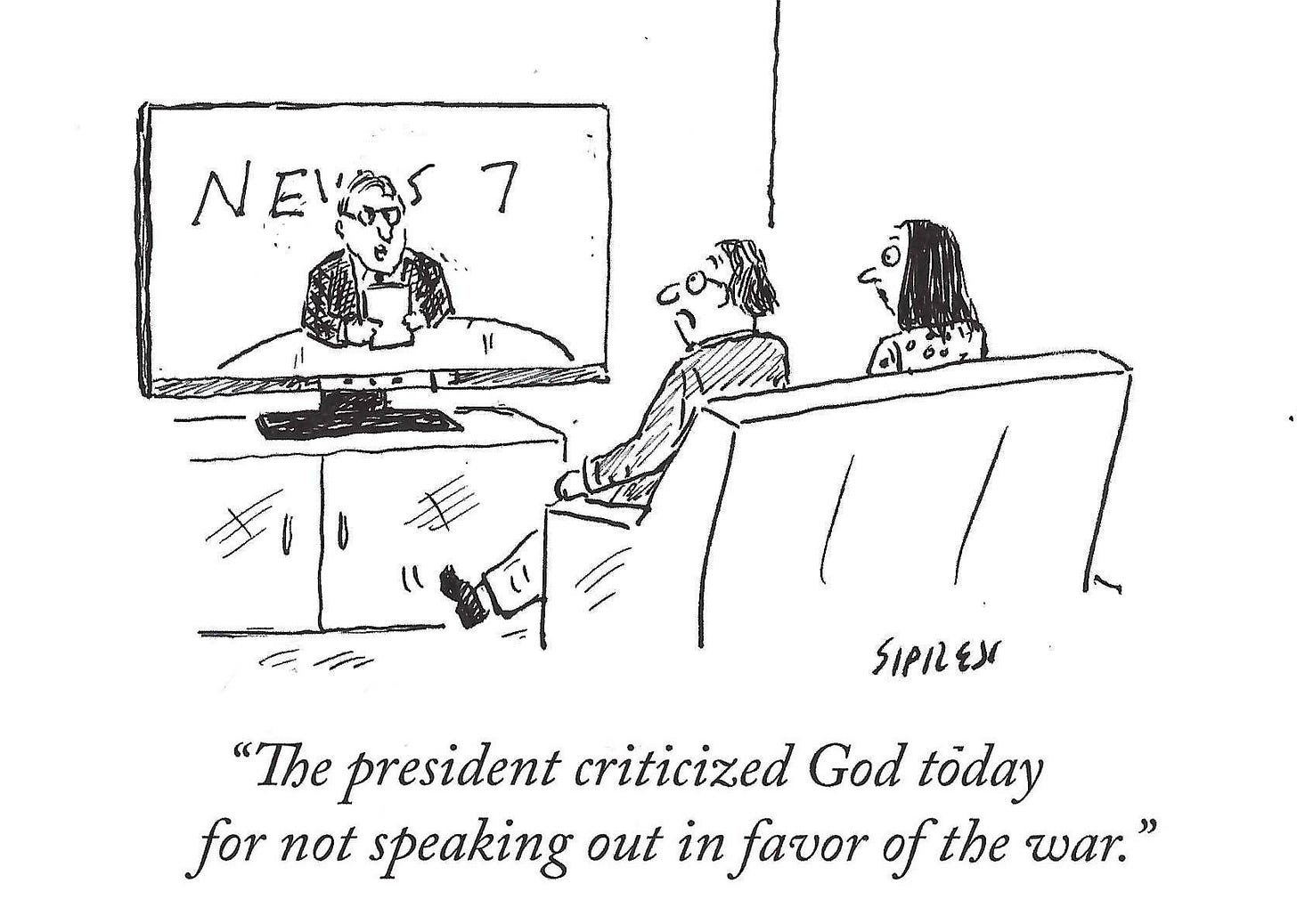 May be an illustration of ‎text that says '‎NEVES7 7 ν ٤ا۱۱۱ کاه "The president criticized God tòday for not speaking out in favor of the war."‎'‎