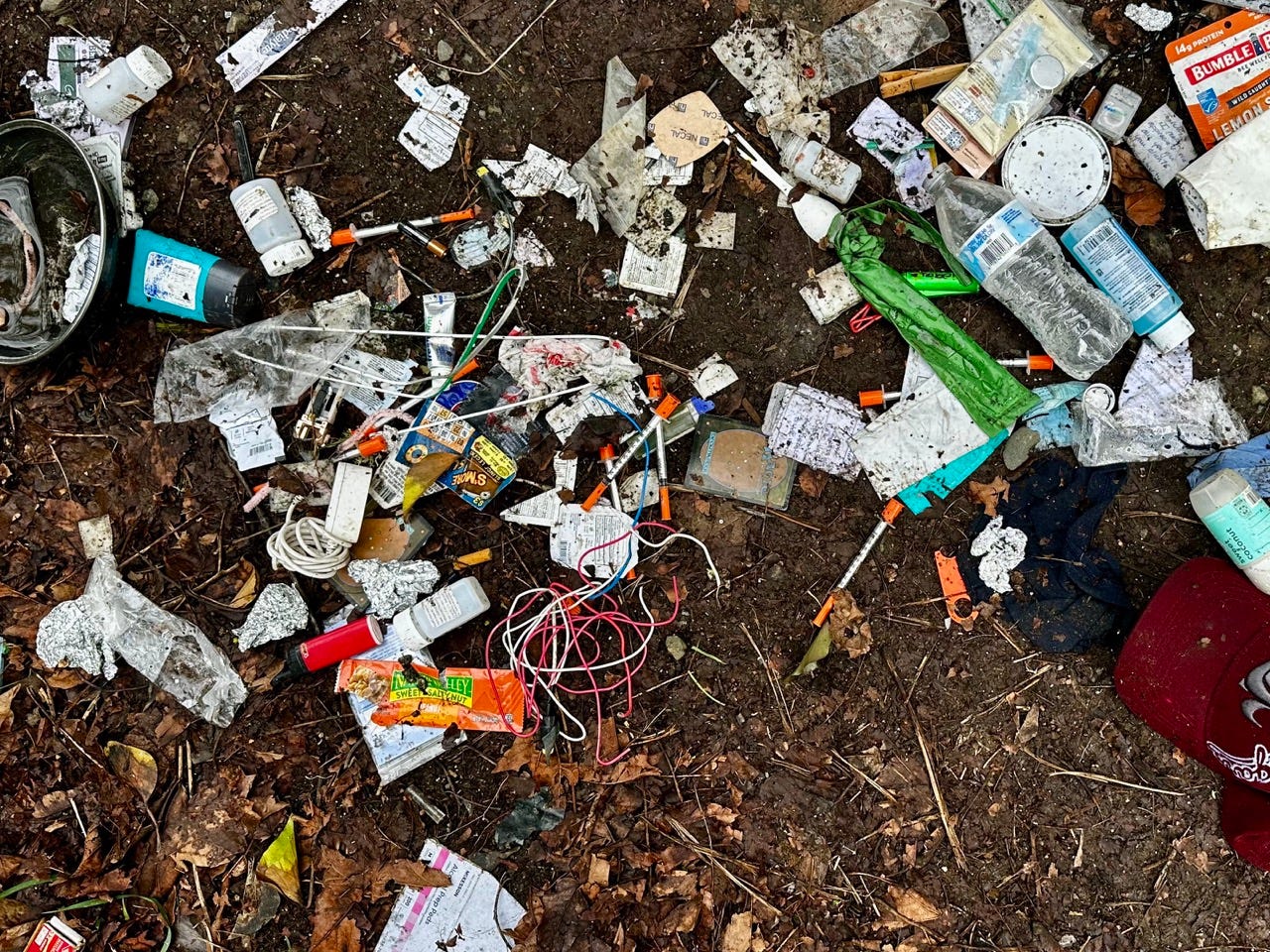 A pile of trash on the ground

Description automatically generated