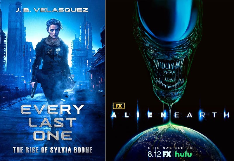 Cover art for the book "Every Last One," by J.B. Velasquez, and the TV show Alien: Earth