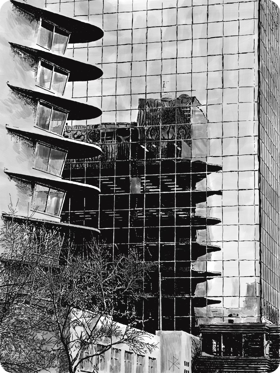 Glass cube architecture reflecting the building opposite. Sketch art by Don Rice. Glass cube architecture reflecting the building opposite. Sketch art by Don Rice.