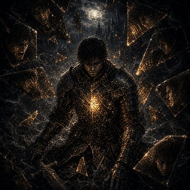 Fleetwood’s Soul Fracture—brooding knight in cracked armor, amber shards spiraling around him, mist swirling, reflections of his fractured self in broken light