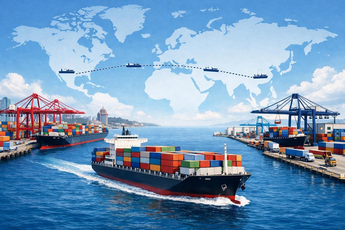 A cargo ship sailing from a busy port in Qingdao, China, to a large American port with cranes and trucks unloading containers. A cargo ship sailing from a busy port in Qingdao, China, to a large American port with cranes and trucks unloading containers.