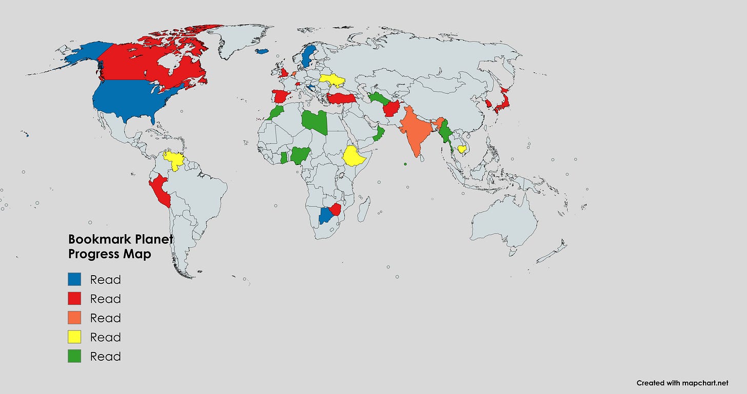 World map with countries shaded after reading. 