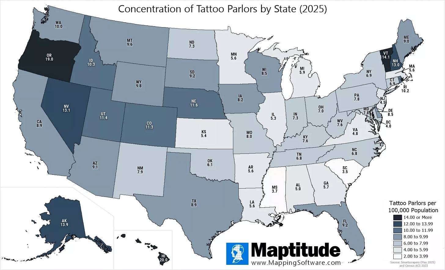 Maptitude mapping software infographic of tattoo parlors per 100,000 population by state for July 17 National Tattoo Day