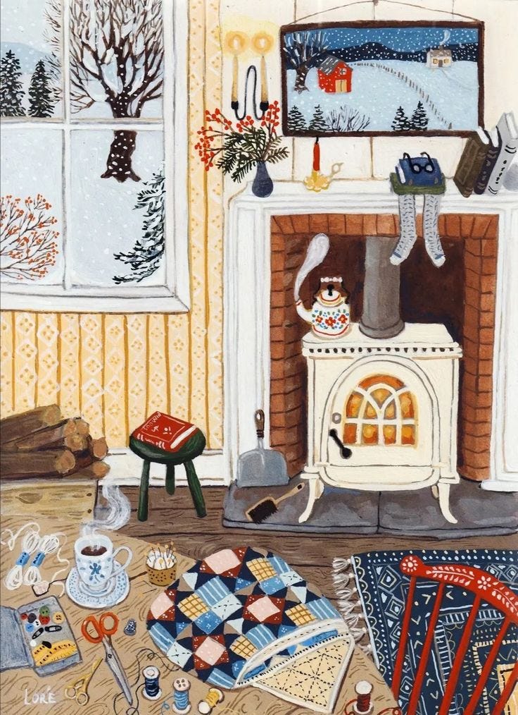 This may contain: a painting of a fireplace in a living room with various items on the floor around it This may contain: a painting of a fireplace in a living room with various items on the floor around it