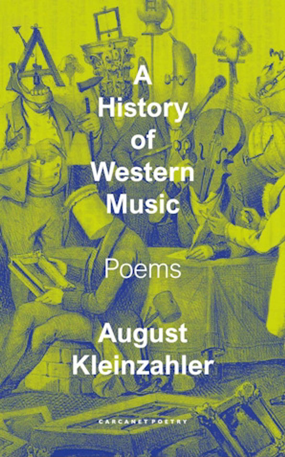 Bright green and navy blue book cover with surreal picture of people with odd things for heads playing musical instruments