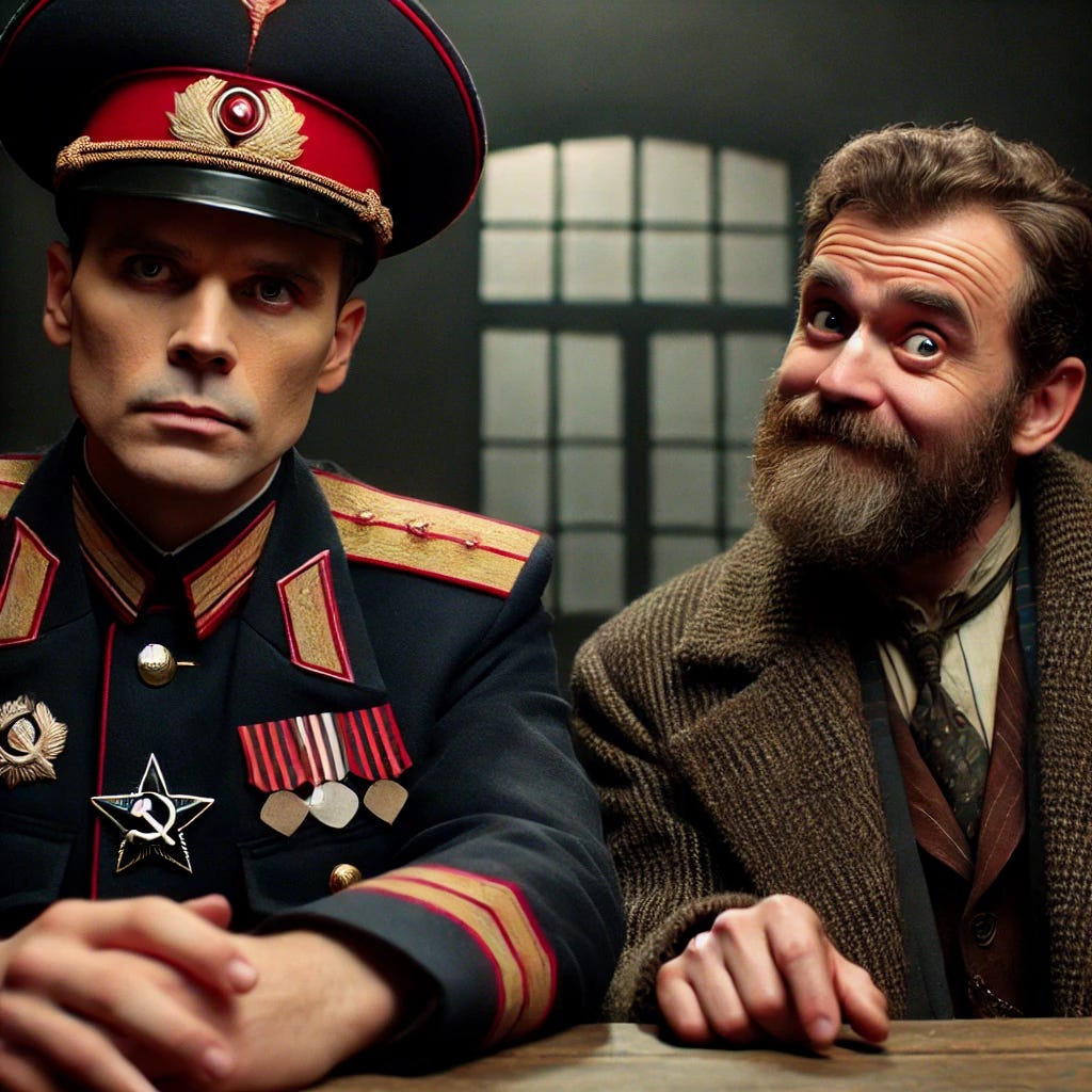 A scene featuring two people: one powerful man in a Soviet Russian uniform with the hammer and sickle symbol, and another man in shabby 1930s Russian clothing. The non-uniformed man is looking directly at the camera with a clear expression of disbelief, perhaps rolling his eyes or with a sceptical smirk, showing that he does not trust the man in uniform. The uniformed man is confidently speaking, gesturing as if making an important point, unaware of the listener's reaction. The background is a dimly lit room typical of 1930s Russia, adding to the serious tone of the scene.