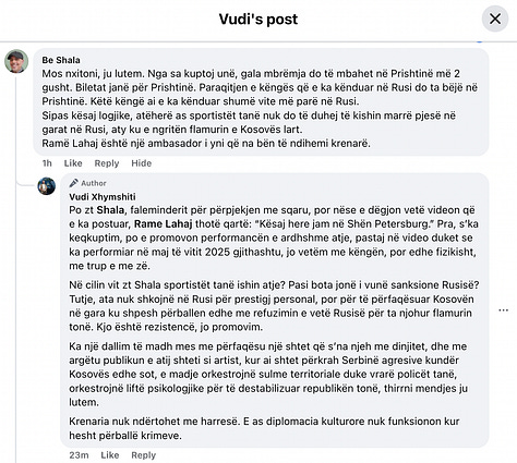 Pas qëndrimit tim publik mbi performancat artistike në Rusi në kohë lufte dhe agresioni të vazhdueshëm politik ndaj Kosovës, lexuesit dhe ndjekësit reaguan me komente të ndryshme, nga moskuptime e kundërshti, deri te përkrahje për qëndrimin e ndërgjegjshëm. Në këtë galeri paraqiten disa prej reagimeve kryesore që pasuan publikimin e mendimit tim.