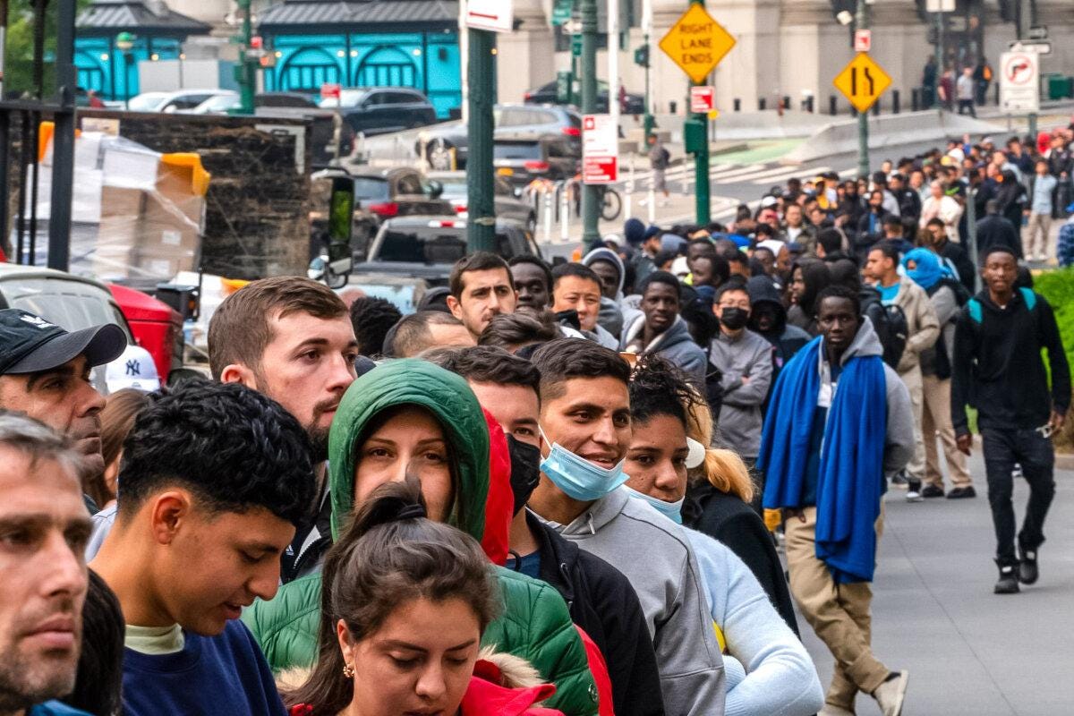 Hundreds of illegal immigrants or asylum seekers lined up outside of the Jacob K. Javits Federal Building in New York City on June 6, 2023. (David Dee Delgado/Getty Images) Hundreds of illegal immigrants or asylum seekers lined up outside of the Jacob K. Javits Federal Building in New York City on June 6, 2023. (David Dee Delgado/Getty Images)