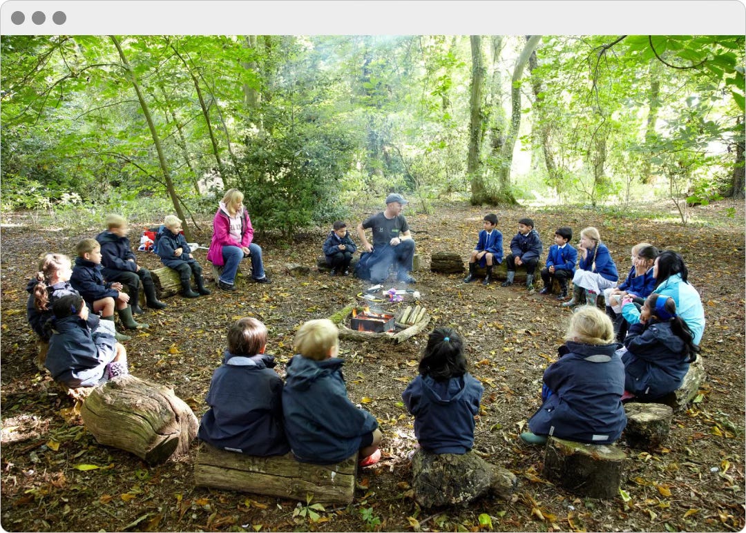 Group of children in a forest with a couple of adult teachers