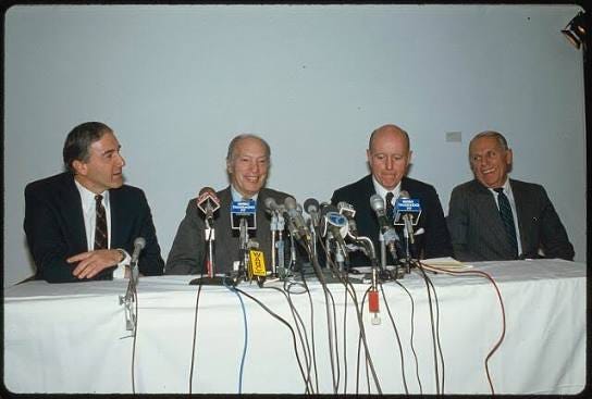 L-R: Frederick Pierce (ABC), Leonard Goldenson (ABC), Thomas Murphy (CCC) [i.e. Capital Cities Communications] and Daniel