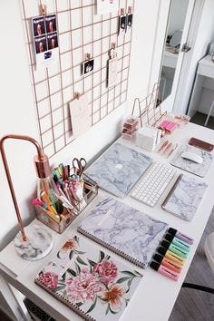 beautiful simple desk set up white and rose gold