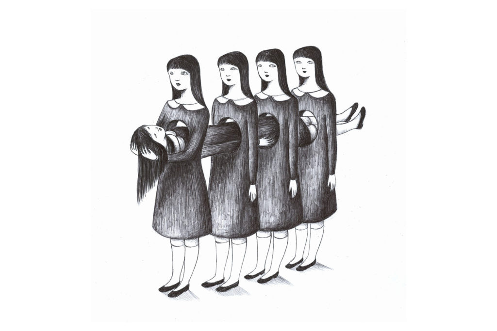 A row of nearly identical girls in black dresses pass along a lifeless version of themselves, each holding the same girl as if in a human assembly line.