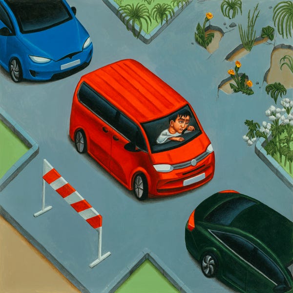 An illustration of a man driving a red van amid traffic, encroaching vegetation and a road barrier.