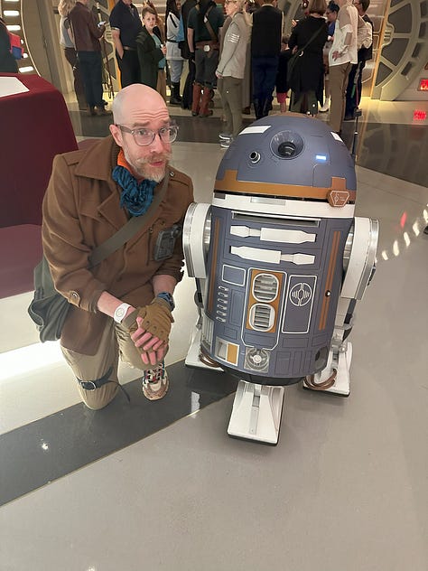 1st image: two scoundrels talking with avid interest; 2nd image: Noah with SK-620, a blue bronze and white astromech droid; 3rd image: Raithe Kole and some passengers in front of the bridge