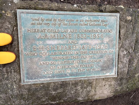 first photo, old house on river bank, white walls slate tiled roof. second photo two hands holding pint glasses that read, "Cider? Yes!". third photo: plaque commemorating the magic of Winnie-The-Pooh and Ashdown Forest