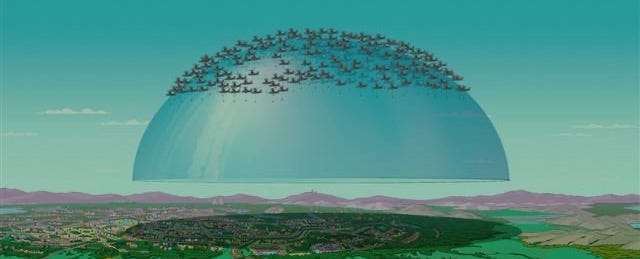 A still from The Simpsons (2007) showing a giant transparent dome being lowered onto the city of Springfield by ?drones ?birds