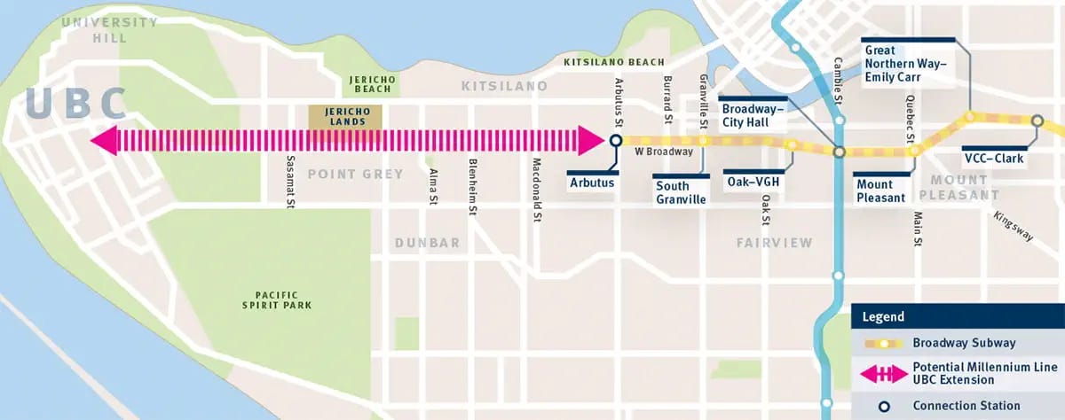An image of one potential alignment of the Skytrain extension to UBC, crossing through Jericho Lands