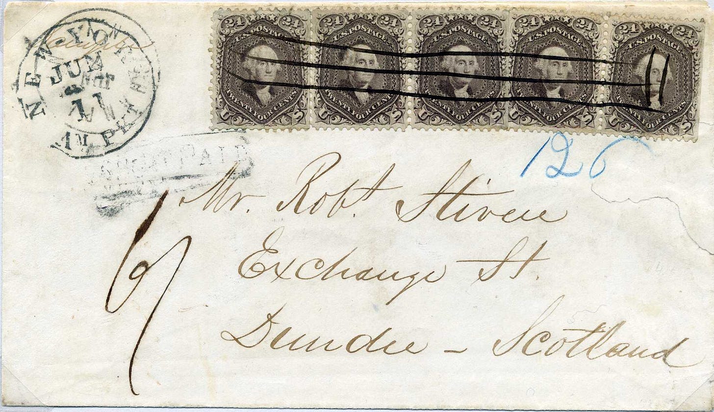 1864 envelope with $1.20 in postage 1864 envelope with $1.20 in postage
