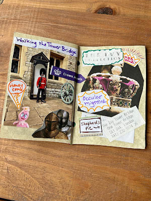 A collage from the Tower of London, including a picture of the Crown Jewels and a note: "Occular Migraine." A collage from the Tower of London, including a picture of the Crown Jewels and a note: "Occular Migraine."