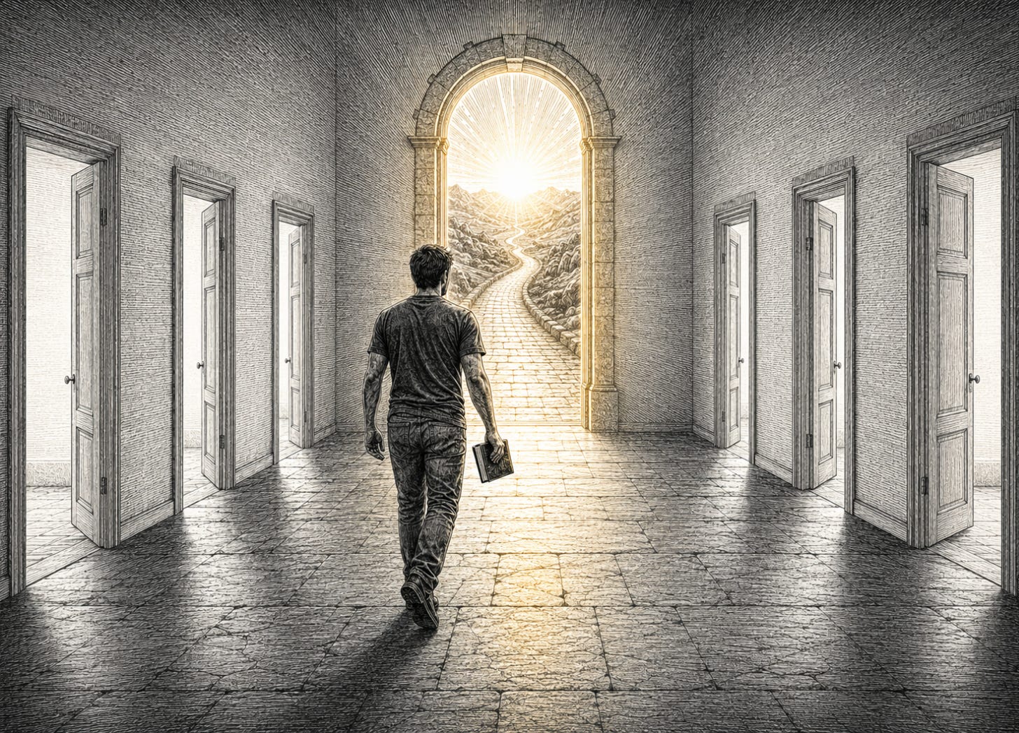 A man walks past pale side doors toward one glowing doorway that opens onto a mountain road.