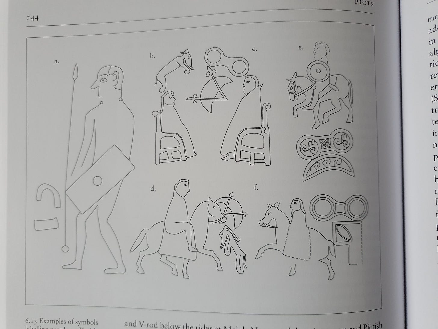 Example illustration from the book: Pictish symbols used to “label” figured on carved stones, suggesting their function was to mark identities. Example illustration from the book: Pictish symbols used to “label” figured on carved stones, suggesting their function was to mark identities.