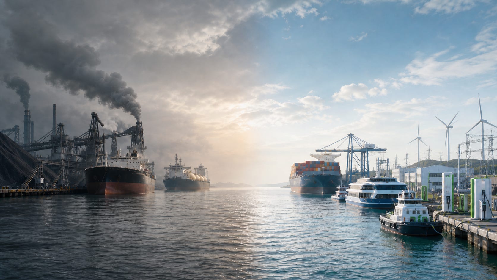 Illustration of a harbor split between fossil-fuel shipping infrastructure and a cleaner port with wind power, shore power, electric vessels, and low-carbon logistics. Illustration of a harbor split between fossil-fuel shipping infrastructure and a cleaner port with wind power, shore power, electric vessels, and low-carbon logistics.