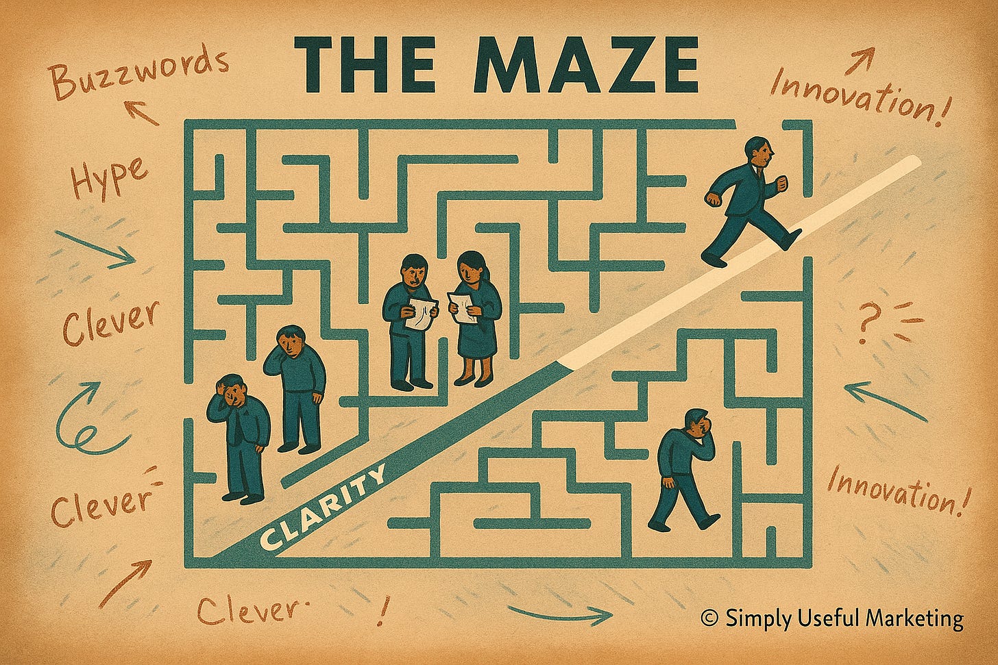 A warm, vintage editorial illustration showing a large, teal-colored maze. Around the maze, handwritten words like “Buzzwords,” “Hype,” “Clever,” and “Innovation!” swirl in loose arrows. Inside the maze, confused or frustrated people wander. A diagonal white path labeled “CLARITY” cuts cleanly across the maze, and a confident person strides along it toward the exit. Title at top reads “THE MAZE.” Copyright “© Simply Useful Marketing” appears in the bottom right.
