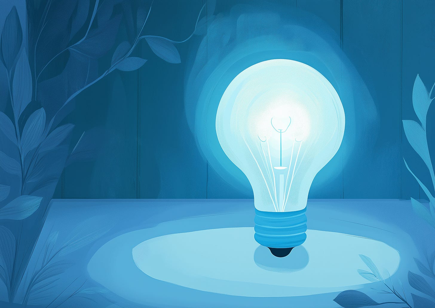 Imagen generada con Midjourney: An artistic illustration of a single glowing lightbulb in a dark room, symbolizing clarity and focus, with a minimalist and clean design, using soft gradients and a calming color palette. --ar 7:5 --sref 118 --v 6.1 