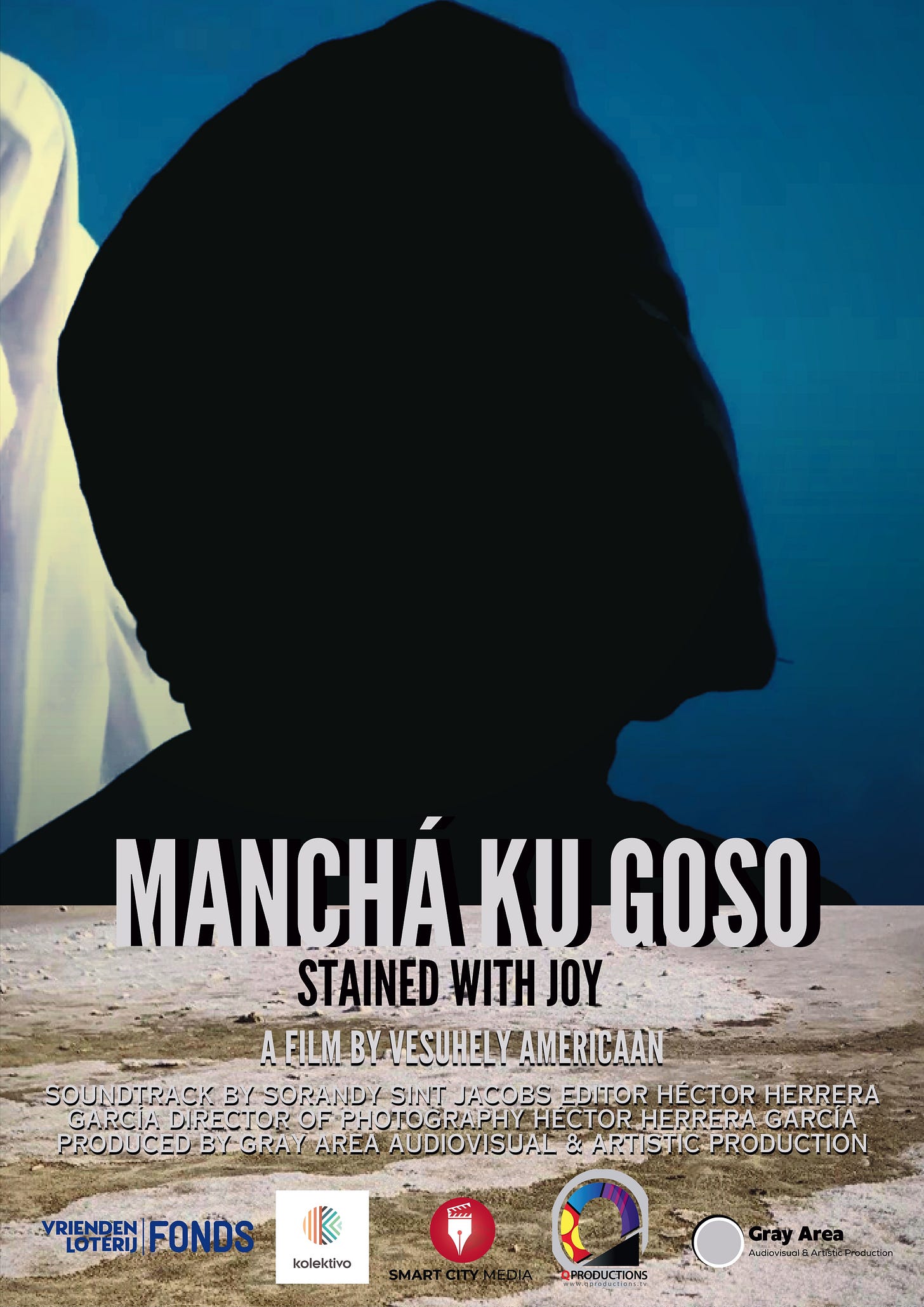 A black cloaked figure in the foreground, with a white cloaked figure in the background with blue sea and sky behind both. Mancha ku Goso by Vesuhely Americaan and Hector Herrera A black cloaked figure in the foreground, with a white cloaked figure in the background with blue sea and sky behind both. Mancha ku Goso by Vesuhely Americaan and Hector Herrera