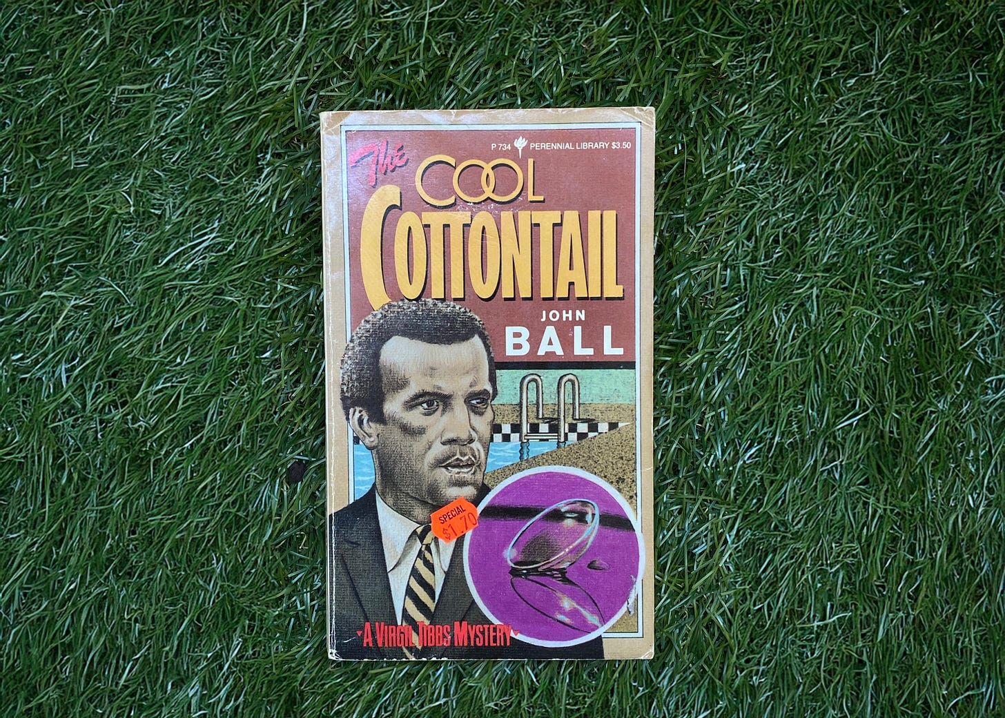 A worn paperback copy of The Cool Cottontail by John Ball rests on green grass. The cover features an illustrated portrait of a serious-looking man in a suit, a swimming pool ladder in the background, and a magnifying glass graphic in the foreground. The book shows creased edges and a small orange price sticker, emphasizing its age and use.