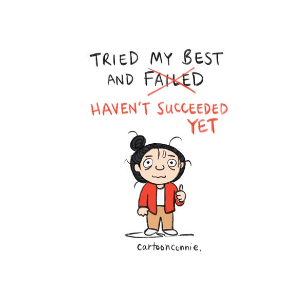 Color illustration of a cartoon girl with a bun, slightly frayed, but holding up a thumbs up sign. She tried her best and hasn't succeeded yet. Original art by Connie Sun, cartoonconnie, copyright 2025.