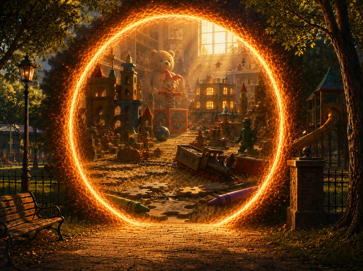 A glowing portal in a quiet park opens into a giant toy-filled playroom with block castles, a derailed train, puzzle-piece paths, a jack-in-the-box, and a huge teddy bear in the distance.