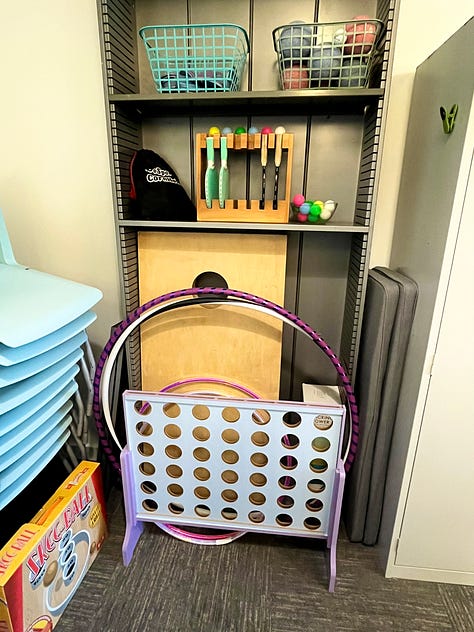 A big pile of giant stuffed animals, hula hoops, board games, minifridge with kids juice - all and more at the Dogpatch Hub!