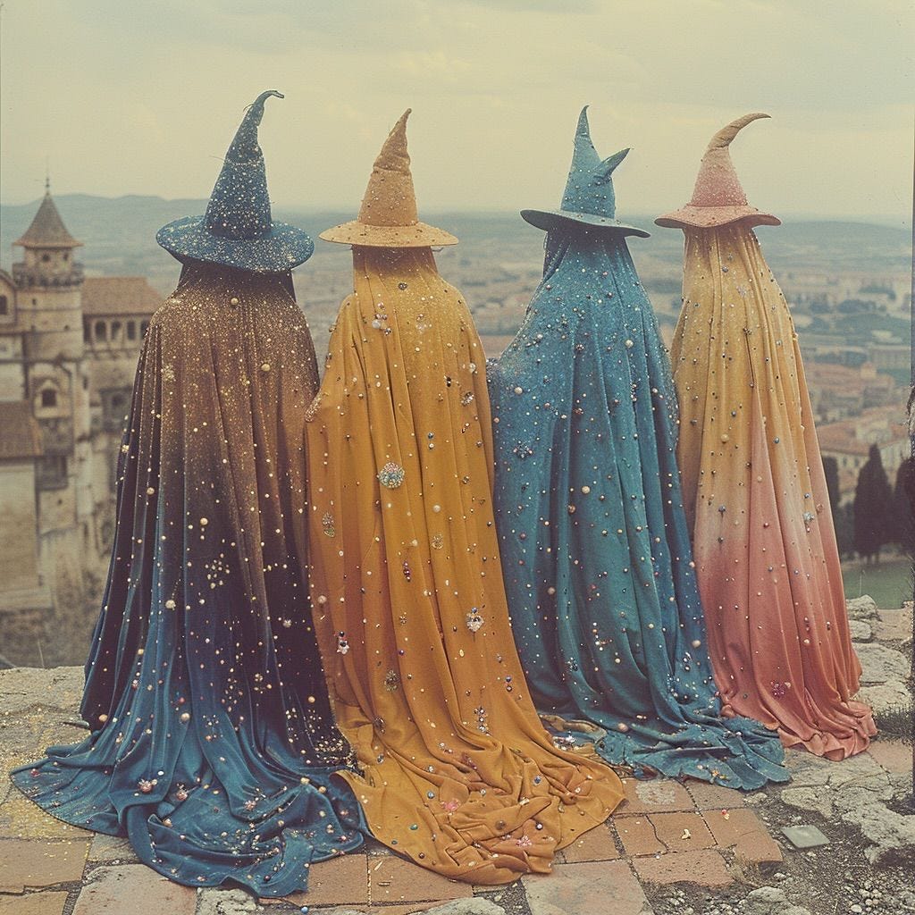 Four witches stand at a precipice over looking a valley and a castle. They wear long, brightly colored capes and pointy witch hats. Four witches stand at a precipice over looking a valley and a castle. They wear long, brightly colored capes and pointy witch hats.