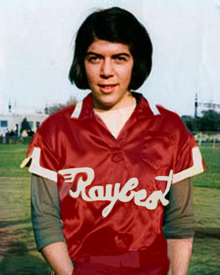 Donna in her softball uniform as a teenager; Donna's headshot in her sixties