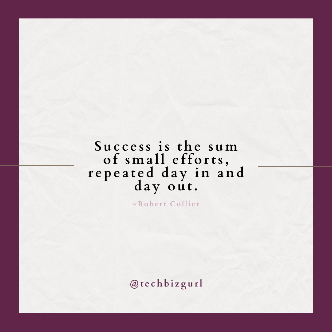 May be an image of text that says 'Success is the sum of small efforts, repeated day in and day out. ~Robert Collier @techbizgurl'