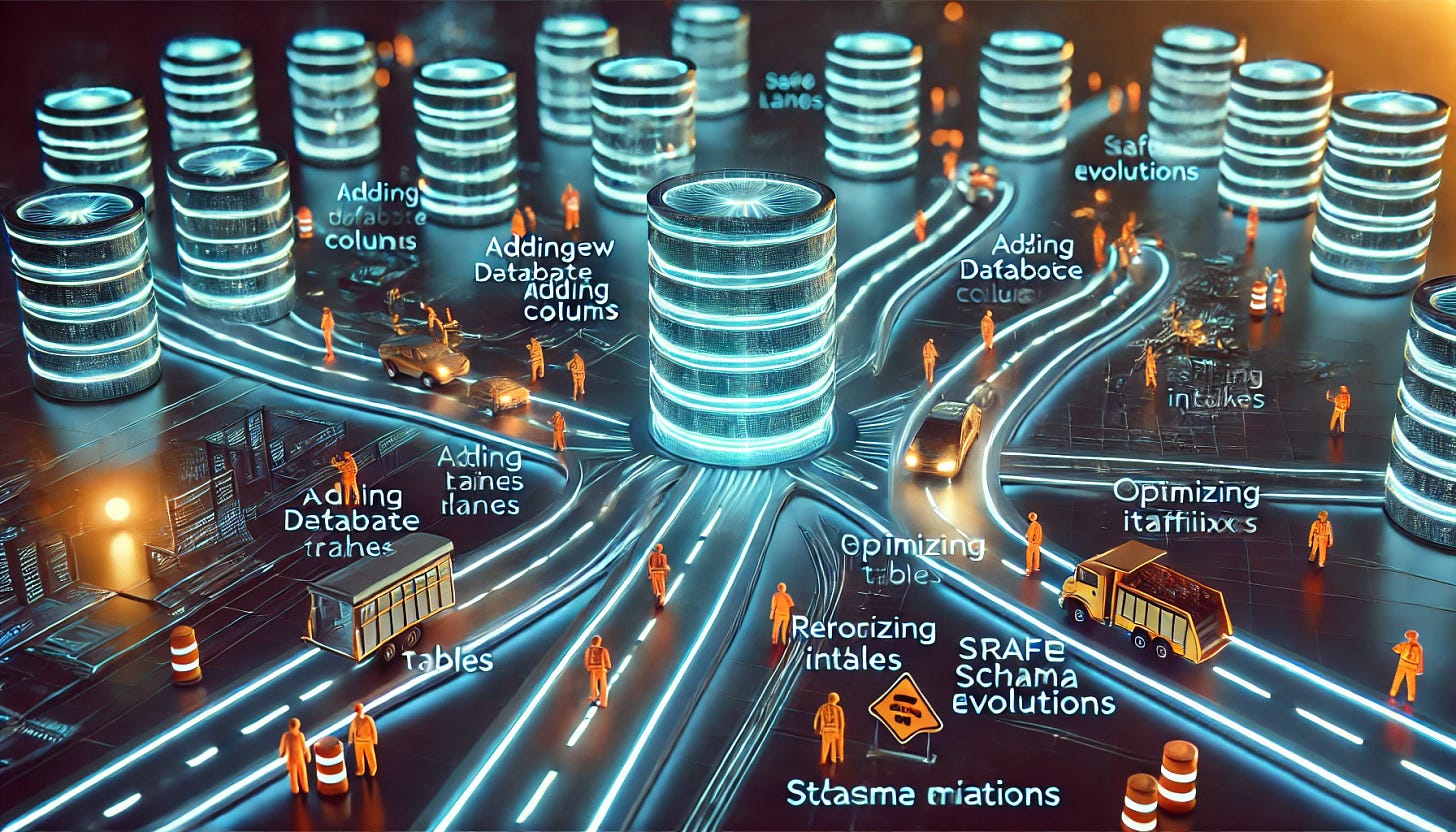 Tiny humans manage a glowing road network, symbolizing database migrations and version control concepts. Tiny humans manage a glowing road network, symbolizing database migrations and version control concepts.