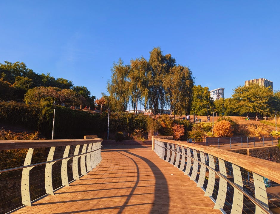 A bridge across the river Avon towards Castle Park in Bristol, UK from Never Lost Letters by Stuart Found